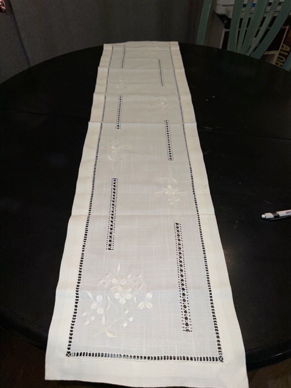 Elegant Cream Irish Linen Embroidered Table Runner  42x11in